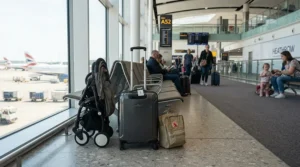 A compact travel stroller under £100 folded neatly next to hand luggage in a busy airport lounge