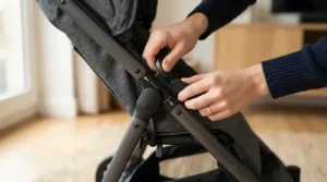 Close-up of the umbrella fold mechanism on a budget travel stroller under £100