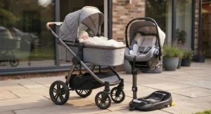 A complete travel system featuring the best carrycot pushchair paired with an infant car seat
