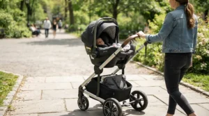 A modular travel system from birth pushchair with an infant car seat attached to the chassis frame