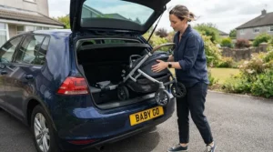 A modular from birth pushchair for city use being loaded into the boot of a small hatchback car