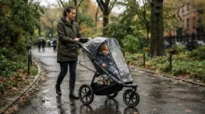 An all-weather from birth pushchair for city use fitted with a clear rain cover on a damp autumn park path