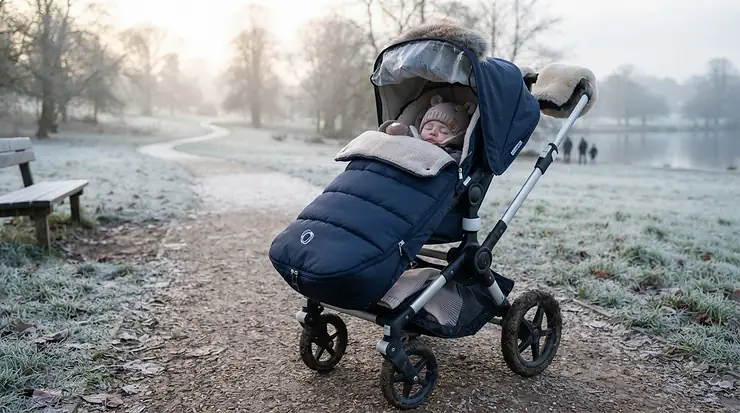 A winter-ready from birth pushchair equipped with a warm fleece-lined footmuff on a chilly morning