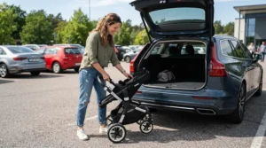 A parent folding the best luxury pushchair easily into the boot of a car after a high street shopping trip.