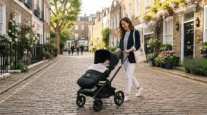 Navigating busy pavements with the best luxury pushchair outside a classic British terraced townhouse.