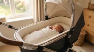 An overhead view of a sleeping infant resting comfortably inside the best luxury pushchair bassinet.