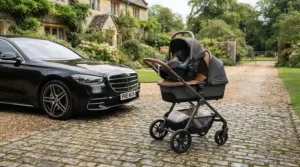 An all-in-one setup featuring the best luxury pushchair configured as a complete travel system next to a modern car.