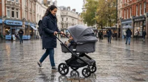 The extended protective hood of the best luxury pushchair shielding a child from unexpected British drizzle.