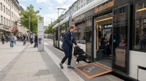 A lightweight double pushchair under £300 being loaded smoothly onto a local town bus by a parent