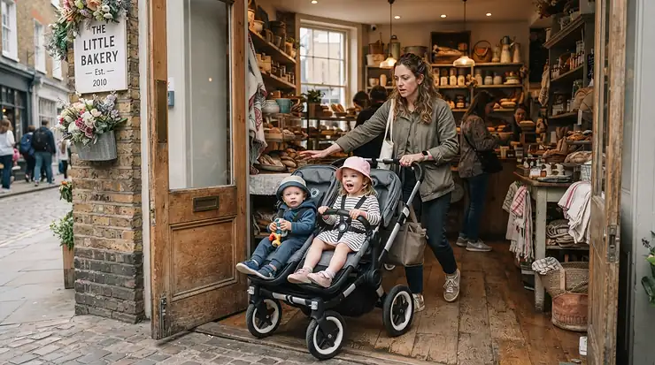 An affordable double pushchair under £300 fitting neatly through a traditional high street shop entrance