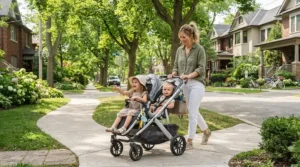 A versatile double pushchair under £300 accommodating a sleeping baby and an older sibling comfortably
