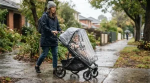 A waterproof double pushchair under £300 fitted with a clear rain cover during a sudden British drizzle