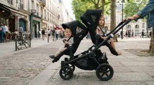 A practical tandem double pushchair under £300 carrying a newborn in a carrycot and a toddler in front