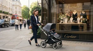 A stylish parent pushing a modern luxury pushchair for newborn outside a high-end Mayfair boutique