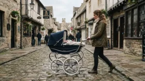 A premium luxury pushchair for newborn with advanced suspension gliding smoothly over historic British cobblestones