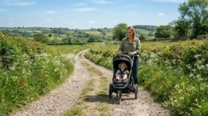 A sturdy all-terrain luxury pushchair for newborn journeying down a scenic rural English country lane