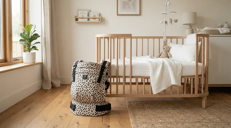 A beautifully folded luxury pushchair for newborn stored neatly in a serene, neutral toned designer nursery
