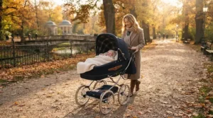 A sleek luxury pushchair for newborn navigating a leafy London park path on a sunny autumn afternoon