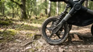 Demonstrating the smooth shock-absorbing suspension on a luxury pushchair for newborn on an uneven path