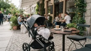 A sleek pushchair £300 to £600 parked neatly beside an outdoor pavement café table.