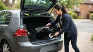A compact pushchair £300 to £600 easily folding down to fit inside a hatchback car boot.
