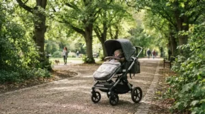 A stylish pushchair £300 to £600 navigating a leafy London park path on a sunny afternoon.