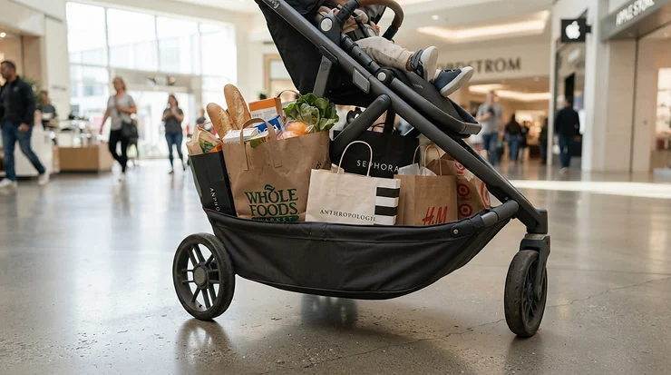 A pushchair £300 to £600 featuring a spacious under-seat storage basket filled with grocery bags.