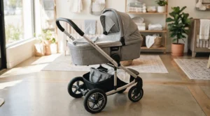 A versatile 3-in-1 pushchair £300 to £600 system shown with its interchangeable carrycot attachment.