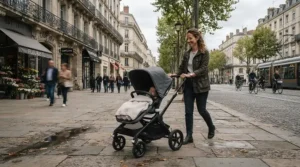 A premium pushchair £300 to £600 being maneuvered down a busy high street past traditional brick buildings.
