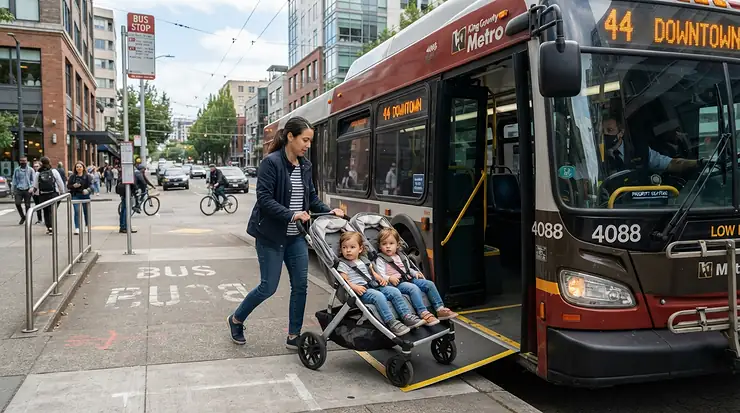 A parent boarding a local city bus with a pushchair for twins under £600.