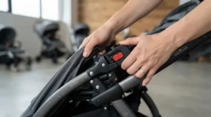 Close-up of the folding mechanism on a pushchair for twins under £600 during a quick collapse demonstration.