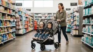 A side-by-side pushchair for twins under £600 navigating a busy high street shop aisle with ease.