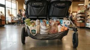The spacious under-seat storage basket on a pushchair for twins under £600 loaded with shopping bags.