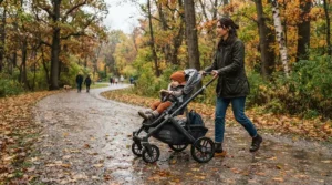 An all-terrain pushchair with reversible seat under £600 navigating muddy autumn leaves in a British country park.