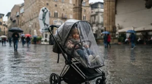 A pushchair with reversible seat under £600 fitted with a clear rain cover during a light drizzle in a city square.