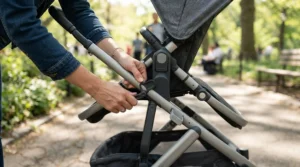 Demonstration of the seat rotation mechanism on a pushchair with reversible seat under £600 in a sunny courtyard.