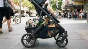 A loaded shopping basket underneath a pushchair with reversible seat under £600 on a busy British high street.