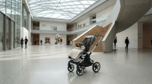 A chic status pushchair for city parents featuring bespoke designer colourways visiting a modern art gallery foyer
