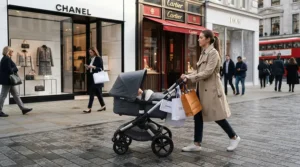 A luxury status pushchair for city parents carrying designer shopping bags along a high-end Mayfair shopping street