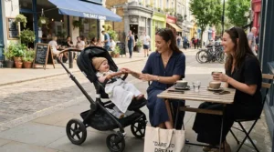 An Instagram-worthy status pushchair for city parents parked outside an independent boutique coffee shop in Primrose Hill