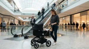 A versatile status pushchair for city parents being safely guided onto a modern department store escalator
