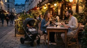 A stylish status pushchair for city parents tucked beside a heated outdoor dining table at a trendy neighbourhood bistro