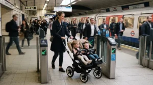 A sleek status pushchair for city parents navigating a busy London Underground ticket barrier during morning rush hour