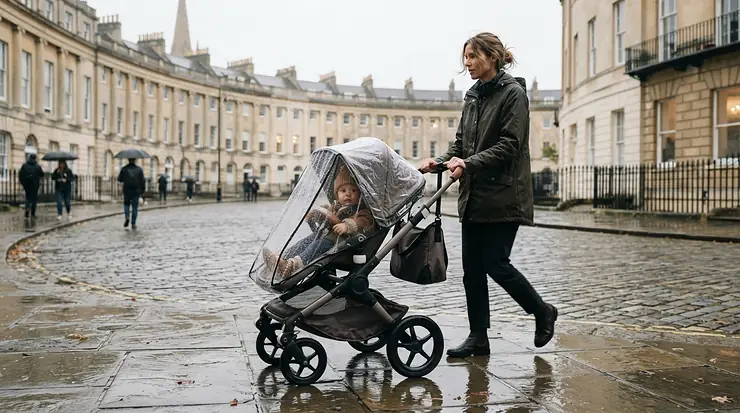 A weather-resistant status pushchair for city parents walking through a historic Georgian square during a light drizzle